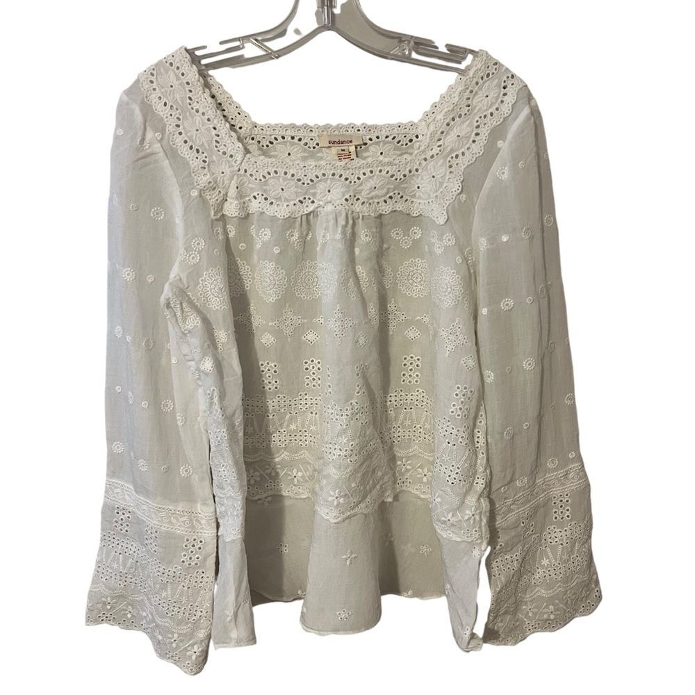 Sundance Women M White Eyelet Lace Square Neck Blouse Shirt Top Boho Festival
